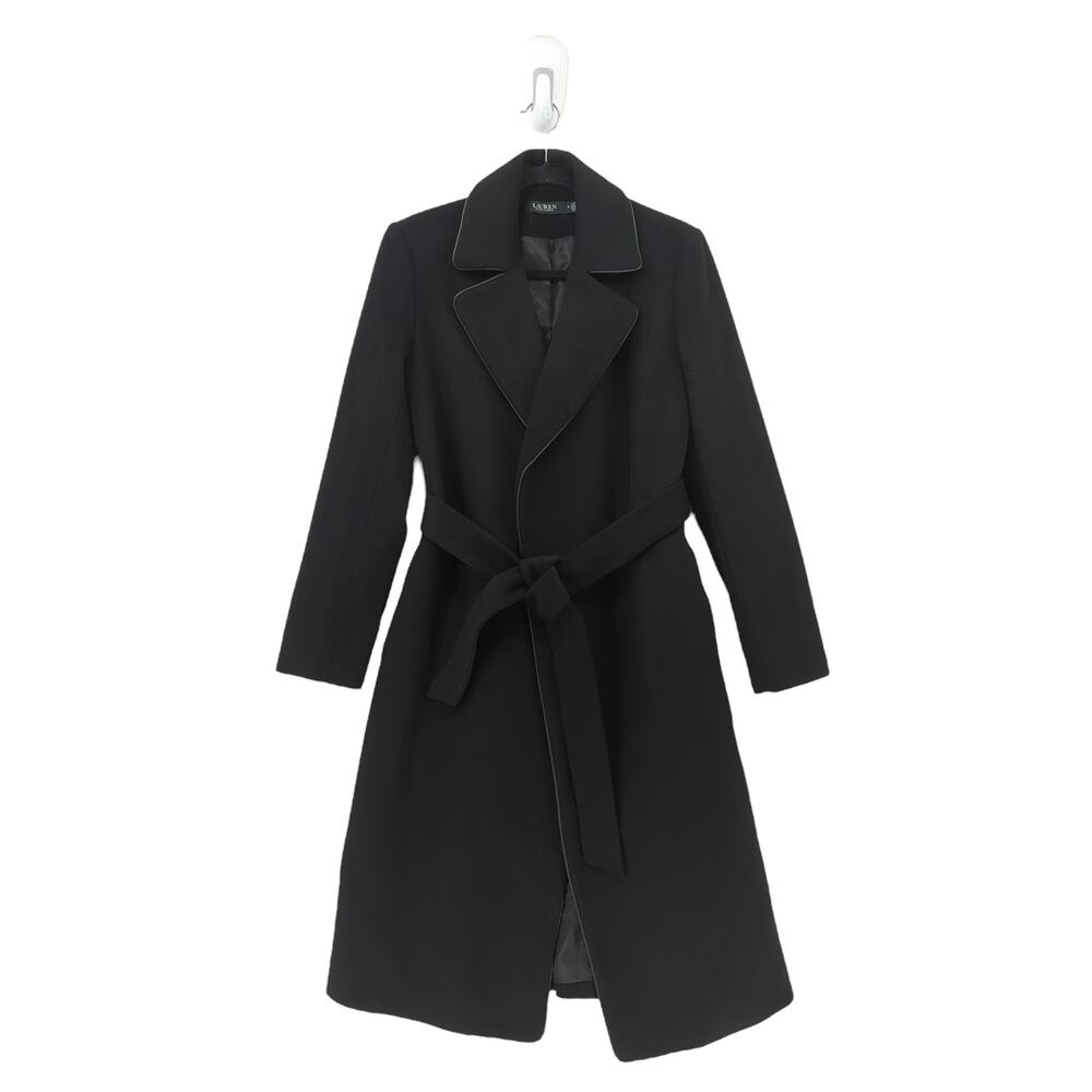 Lauren Ralph Lauren Women 6 Wool Blend Coat Black Faux Leather Piping Wrap 25077